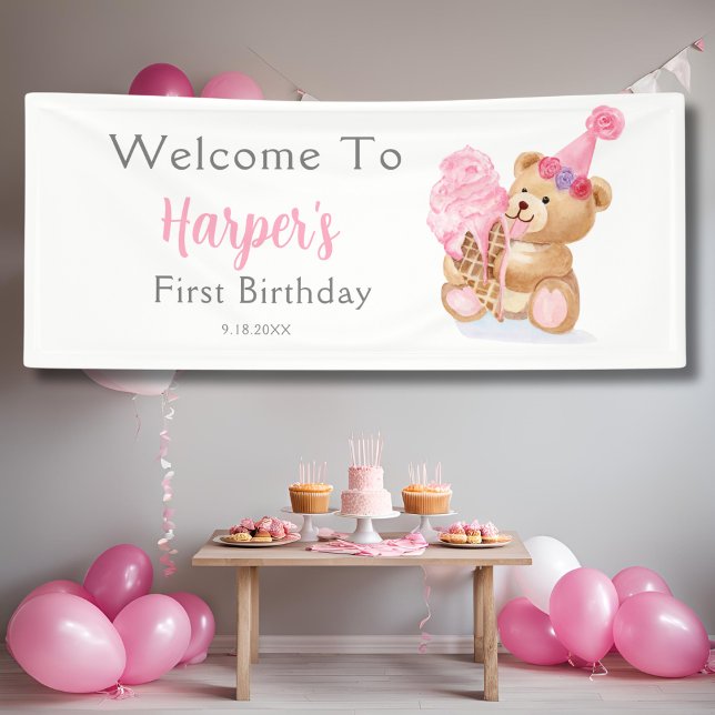 Banderoles Première fille d'anniversaire Teddy Bear Crème de  (Créateur téléchargé)