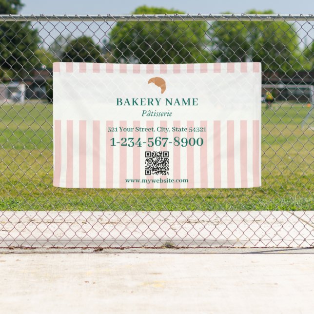Banderoles Preppy Green & Pink Stripes Bakery Logo QR Code (En situation)