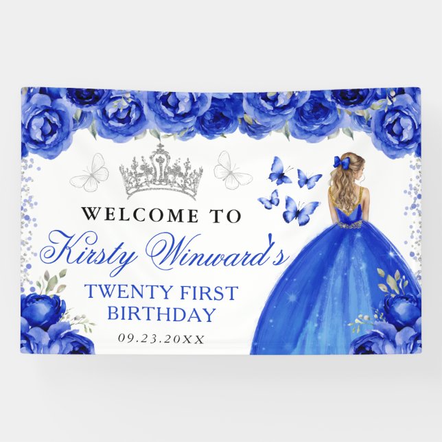 Banderoles Princesse aux Cheveux Blonds Robe Bleue Fleur d'An (Horizontal)