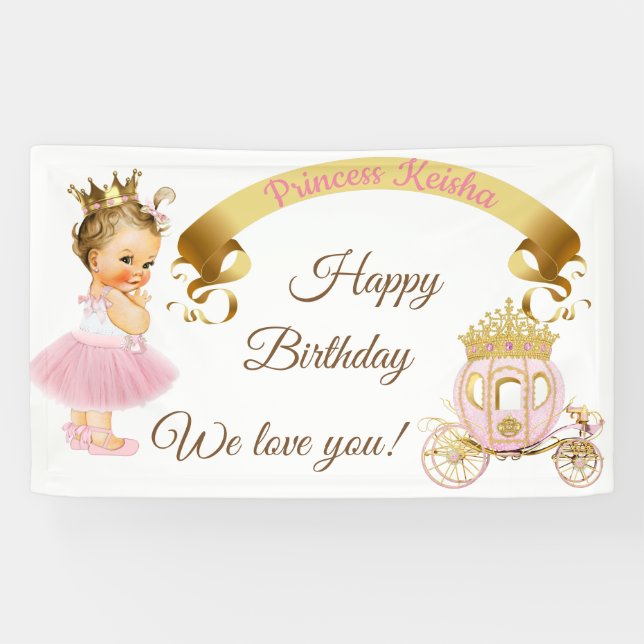 Banderoles Princesse Bébé Fille Carrosse Rose Or (Horizontal)