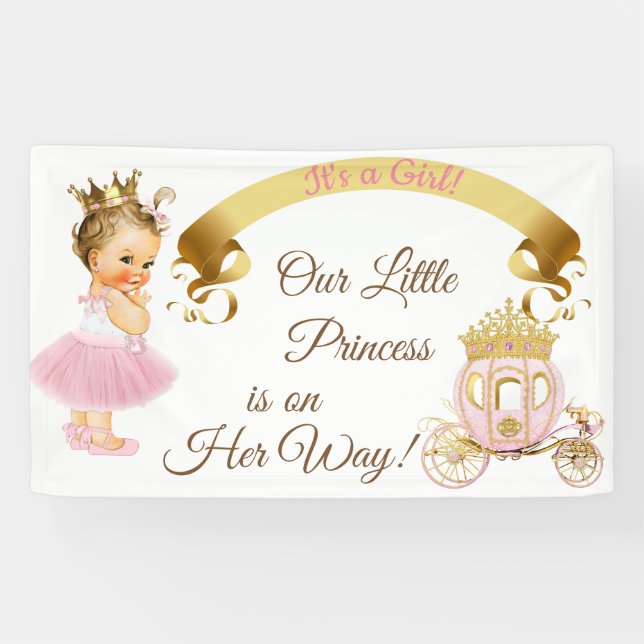 Banderoles Princesse Bébé Fille Carrosse Rose Or (Horizontal)
