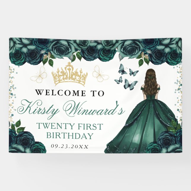 Banderoles Princesse Brune Robe Verte Fête d'anniversaire Flo (Horizontal)