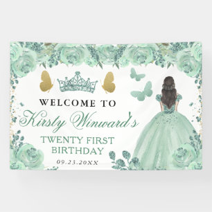 Banderoles Princesse Brune Robe Verte Florale Anniversaire