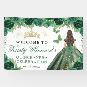 Banderoles Princesse Brunette Robe Verte Florale Quinceanera