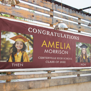 Banderoles Puis & maintenant Burgundy Gold Photo Graduation