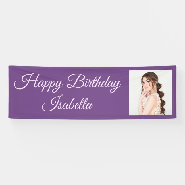 Banderoles Purple Elegant Script Photo Joyeux Anniversaire (Horizontal)