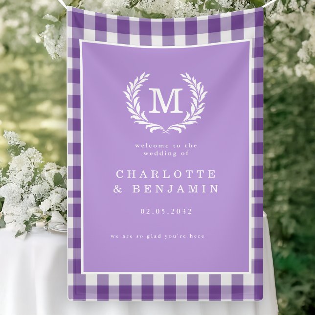 Banderoles Purple En vichy Monogram Crest Mariage Bienvenue (Purple Gingham Monogram Crest Wedding Welcome Banner)