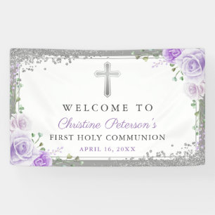 Banderoles Purple Floral Argent Première Communion Sainte Bi