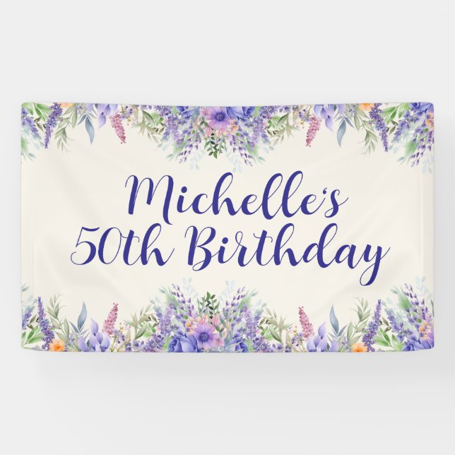 Banderoles Purple Lavender Floral 50th Birthday (Horizontal)