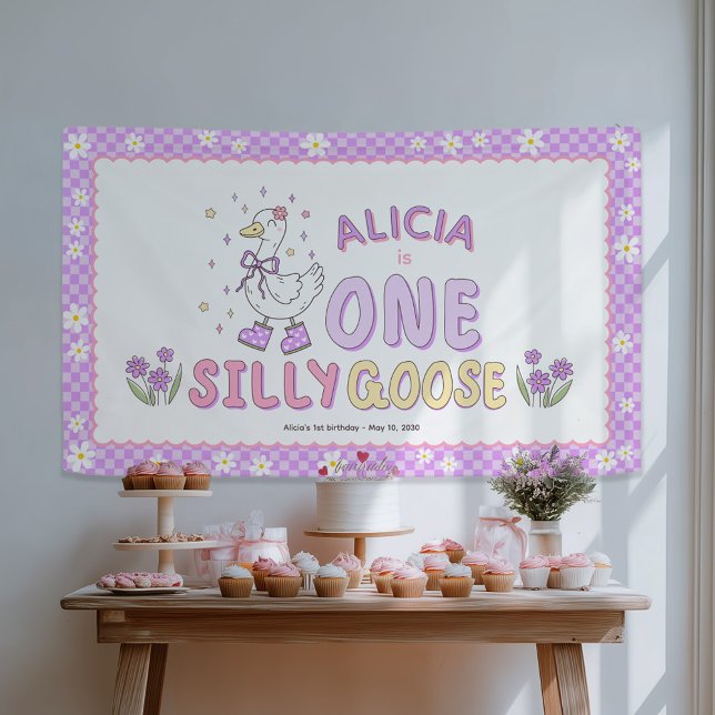 Banderoles Purple One Silly Goose-Girl 1st Birthday Backdrop (Purple One Silly Goose - Retro style Girl First Birthday Backdrop Banner- 1st Birthday decor.)