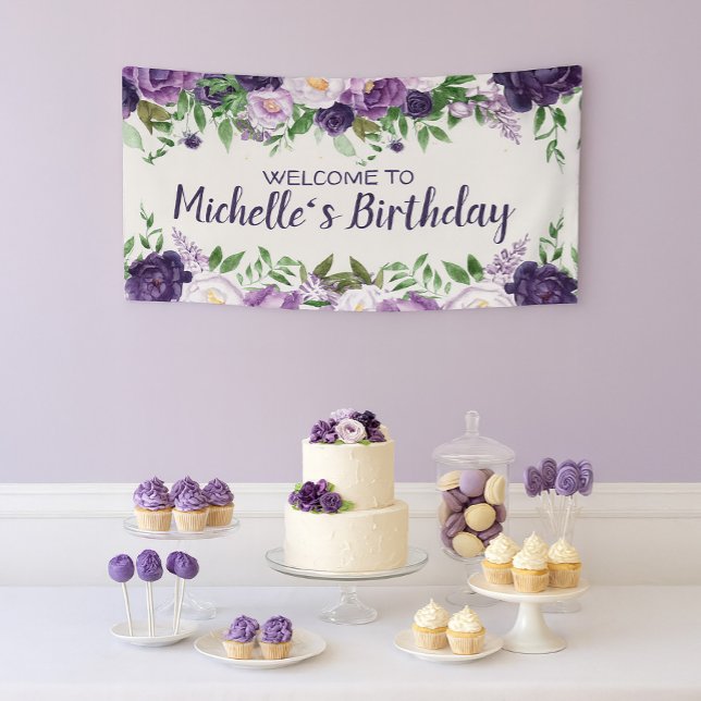 Banderoles Purple Peonies Floral Femmes's Birthday Bienvenue (Purple floral birthday banner customizable with your own text.)