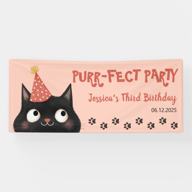 Banderoles Purr-fect Chat Noir Enfants Fête Anniversaire Rose (Horizontal)