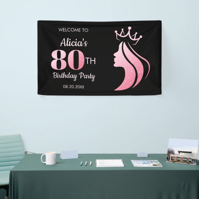 Banderoles Queen Crown Parties scintillant rose Noir 80e anni (Salon professionnel)