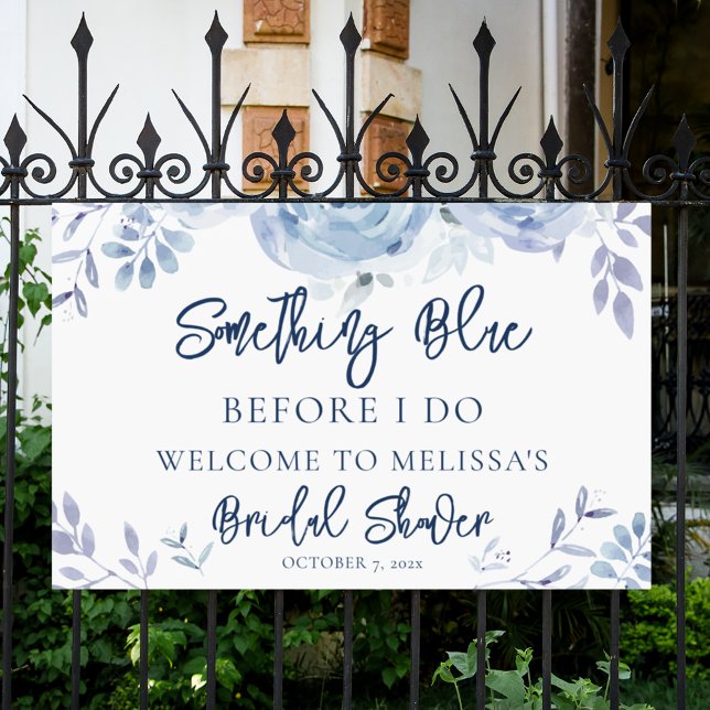 Banderoles Quelque Chose de Bleu Avant de Faire la Fête de Ma (Dusty Blue Floral Script Something Blue Bridal Shower Banner)
