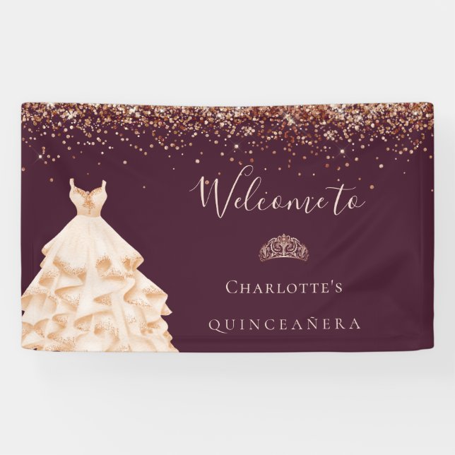 Banderoles Quinceanera bordeaux rose parties scintillant or p (Horizontal)
