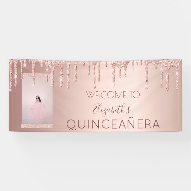Banderoles Quinceanera fête photo rose or parties scintillant (Horizontal)