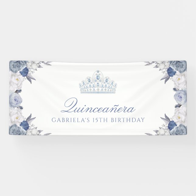 Banderoles Quinceanera florale blanche et bleue (Horizontal)