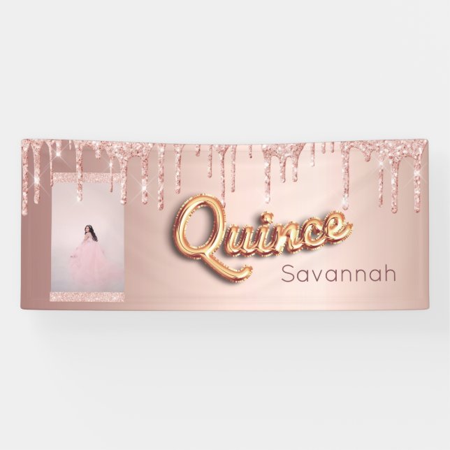 Banderoles Quinceanera photo personnalisée rose parties scint (Horizontal)