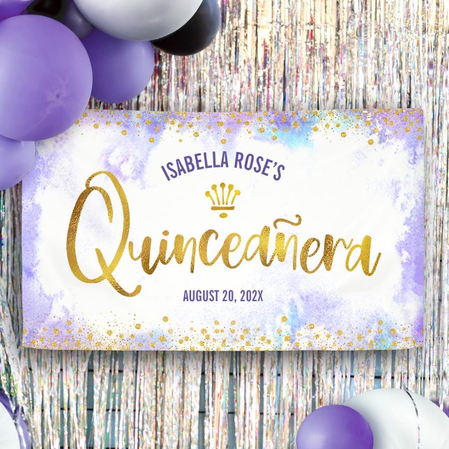 Banderoles Quinceañera Purple Aquarelle Or Script Bienvenue (Créateur téléchargé)