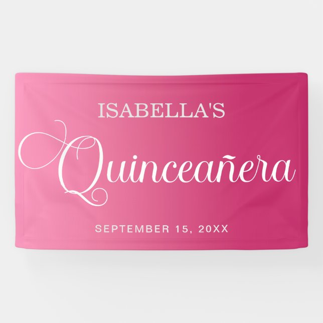 Banderoles Quinceañera rose vif élégant script d'anniversaire (Horizontal)