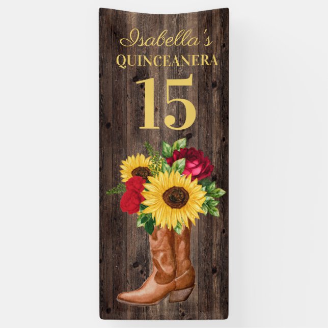Banderoles Quinceañera Roses rouges Tournesols Bottes de cowb (Vertical)