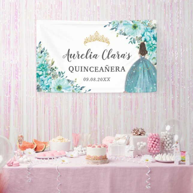 Banderoles Quinceañera Turquoise Blue Floral Princesse Bienve (Fête)