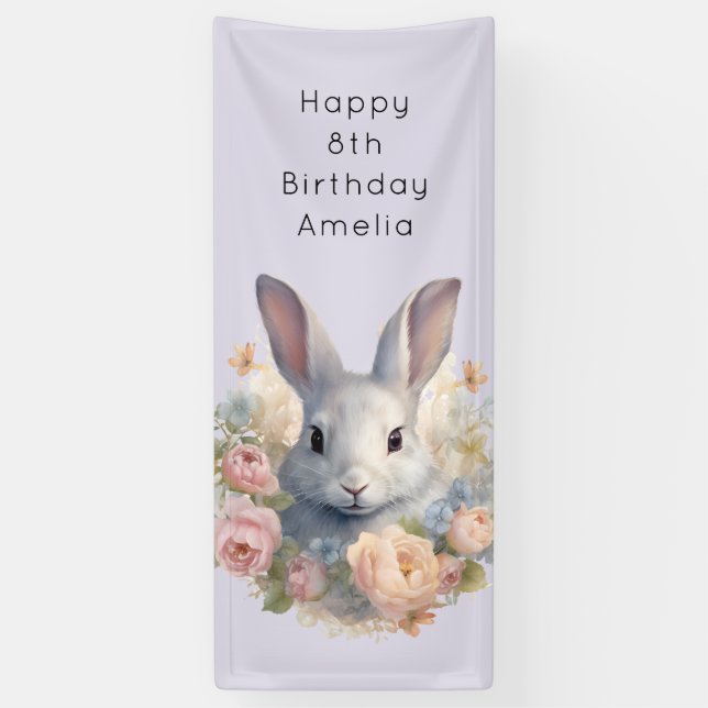 Banderoles Rabbit Surrounded by Pastel Flowers Cute Birthday (Vertical)