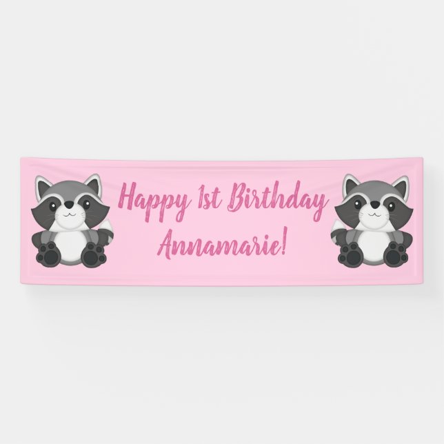 Banderoles Raccoon fête d'anniversaire rose (Horizontal)