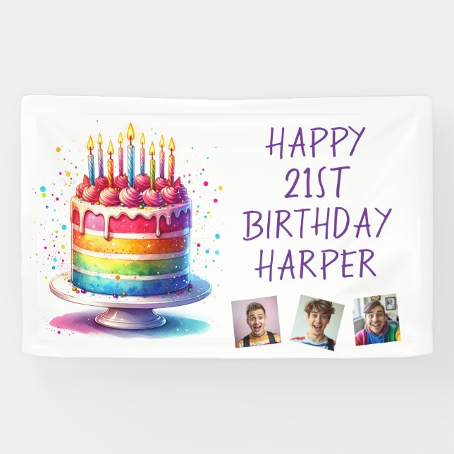Banderoles Rainbow Cake Personalized Photo Happy Birthday (Horizontal)