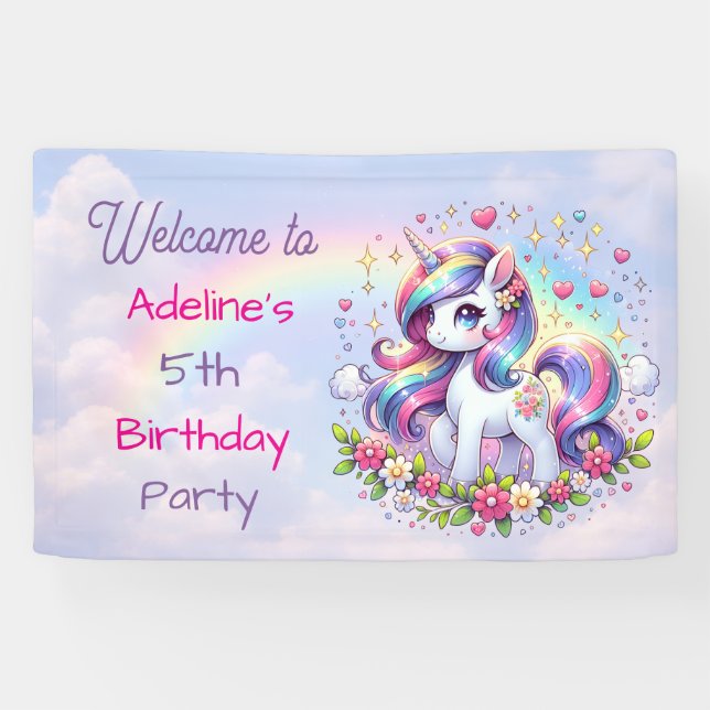 Banderoles Rainbow Unicorn Girl's Birthday Party Personalized (Horizontal)