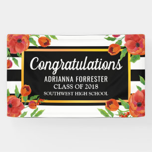 Banderoles Rayures blanches   noires florales rouges