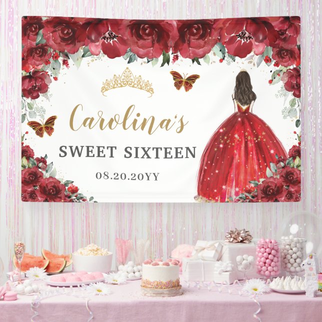 Banderoles Red Floral Princess Gold Sweet sixteen 16 Arrière- (Fête)