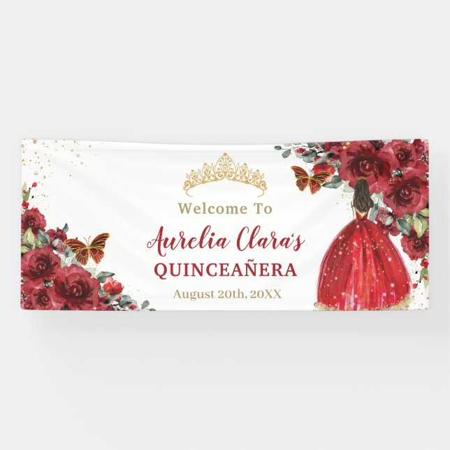 Banderoles Red Floral Princess Quinceañera Accueil (Horizontal)