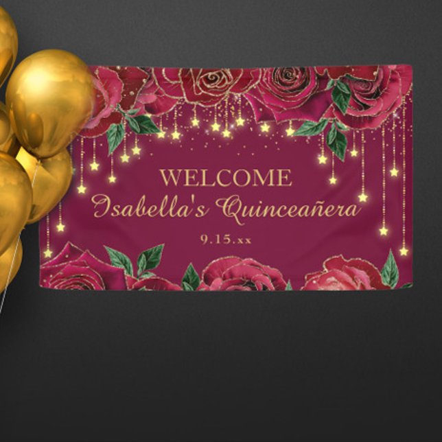 Banderoles Red Rose Gold Stars Quinceañera Bienvenue (Elegant red roses and gold star string lights Quinceañera banner)