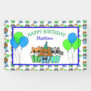 Banderoles Renard d'anniversaire du garçon, Raccoon et Cupcak