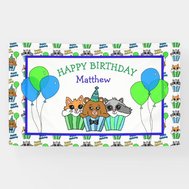 Banderoles Renard d'anniversaire du garçon, Raccoon et Cupcak (Horizontal)