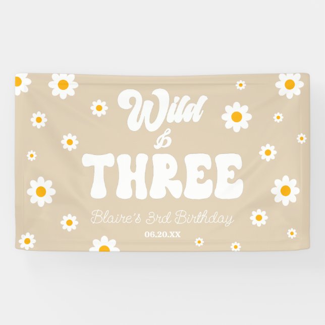 Banderoles Retro Daisy Flower Wild & Trois 3e fête d'annivers (Horizontal)