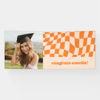 Retro Orange Checkerboard Graduation Photo Congrat