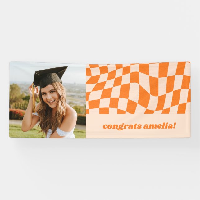 Banderoles Retro Orange Checkerboard Graduation Photo Congrat (Horizontal)