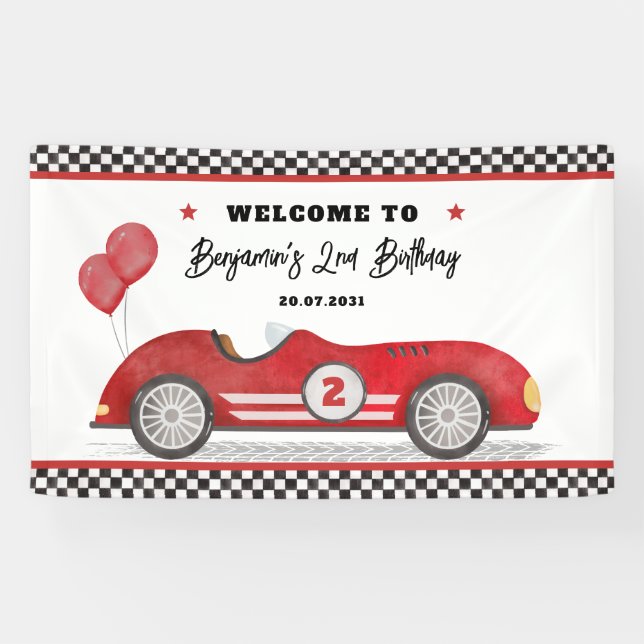 Banderoles Retro Red Race Car Two Fast Boy Birthday Welcome (Horizontal)