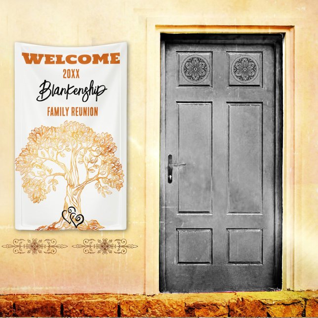 Banderoles Retrouvailles familiales Vieux Oranger Art Custom (Welcome family on a vertical format reunion banner with rustic orange tree on a white background.
)