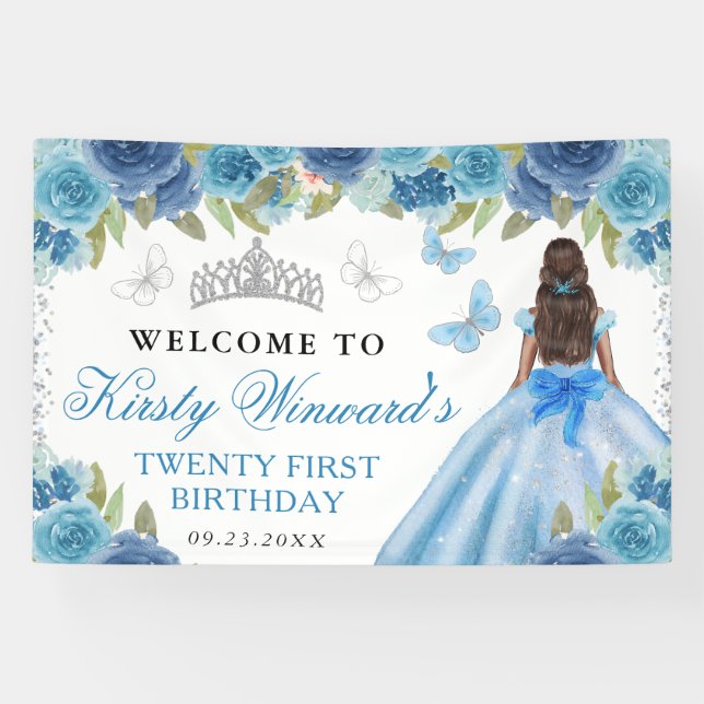 Banderoles Robe Bleue Princesse à la Peau Foncée Fleur d'Anni (Horizontal)