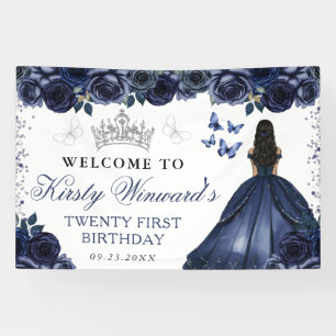 Banderoles Robe Bleue Princesse à la Peau Foncée Floral Anniv