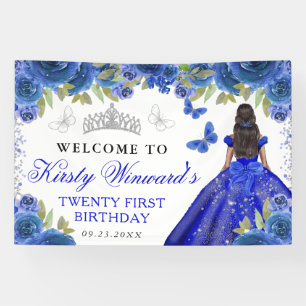 Banderoles Robe Bleue Princesse à la Peau Foncée Floral Anniv