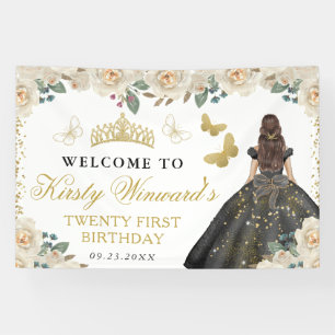 Banderoles Robe noire Princesse brunette Fleurie Anniversaire