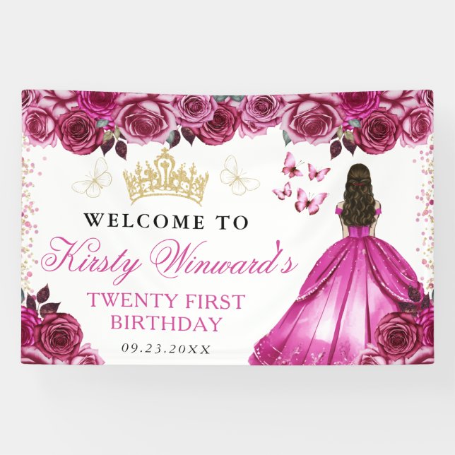 Banderoles Robe rose princesse brune florale anniversaire (Horizontal)