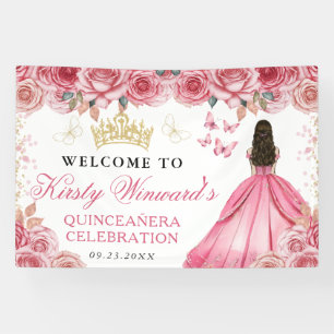 Banderoles Robe rose princesse brune florale Quinceanera