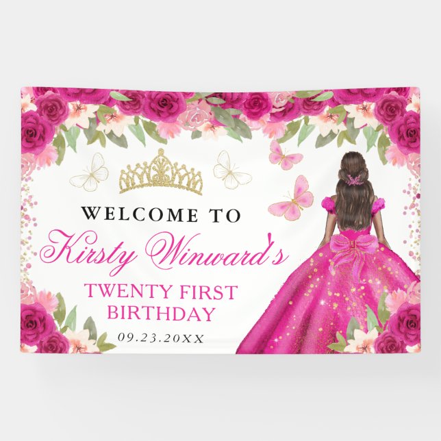 Banderoles Robe rose princesse peau foncée Fleur d'anniversai (Horizontal)