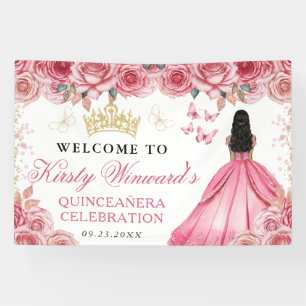 Banderoles Robe Rose Princesse Peau Foncée Florale Quinceaner