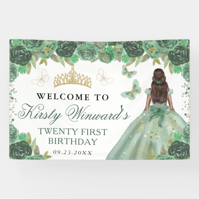 Banderoles Robe verte Princesse à peau foncée Fleur d'anniver (Horizontal)